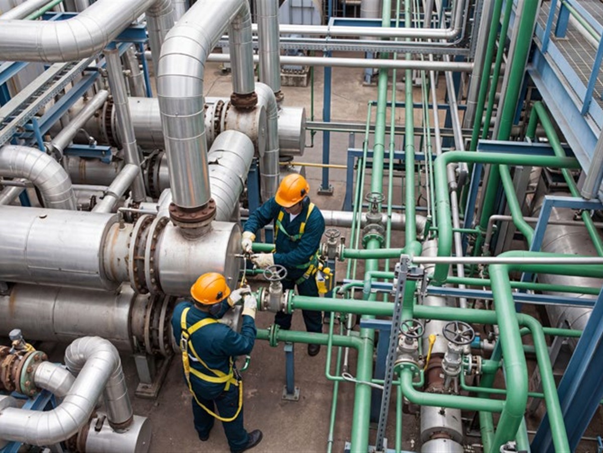 Tecnicos trabajando en tuberias industriales